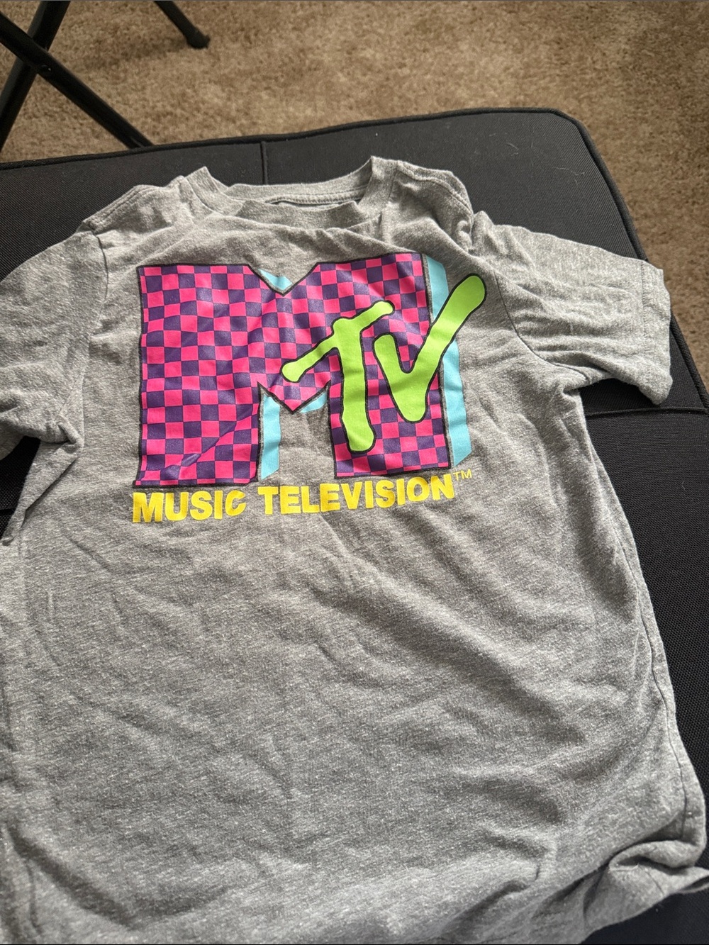 MTV Gray Tee with Pink Checker and Neon Green Logo